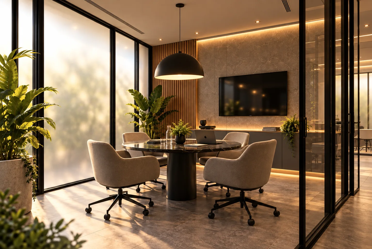 Work zone con mesa de reuniones y TV