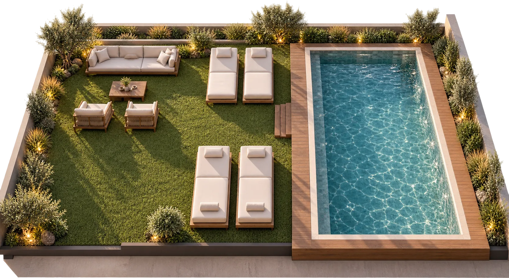 Vista aérea de la terraza común con solarium y pileta