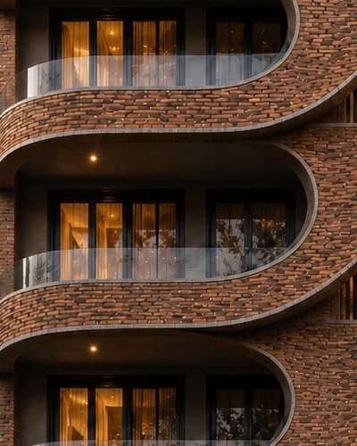 Balcones curvos con baranda de vidrio