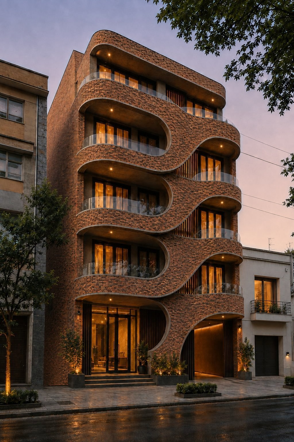 Render de Costa 10 en perspectiva desde Güemes al atardecer, con el cielo anaranjado