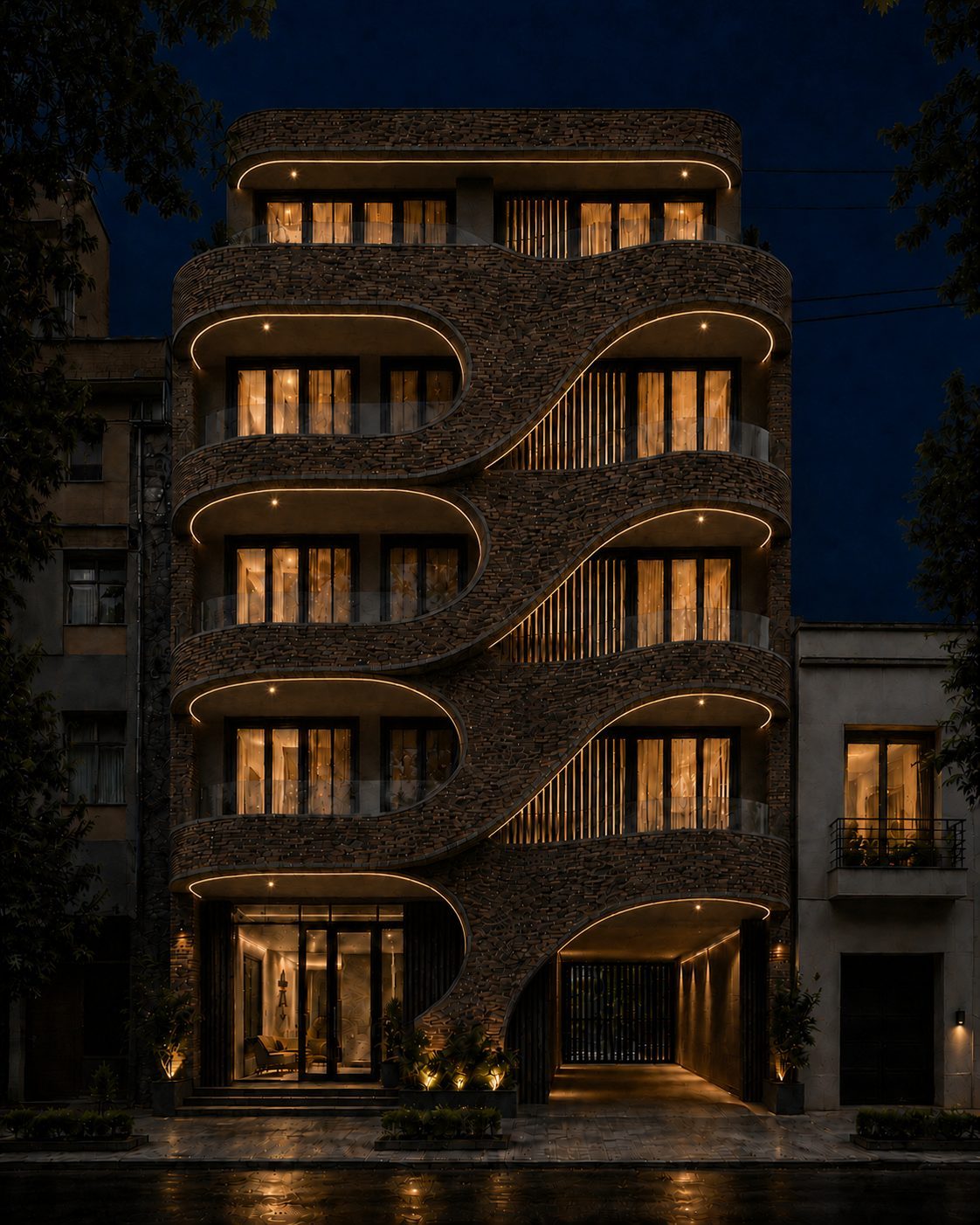 Render nocturno de Costa 10 con líneas de luz cálida en cada curva